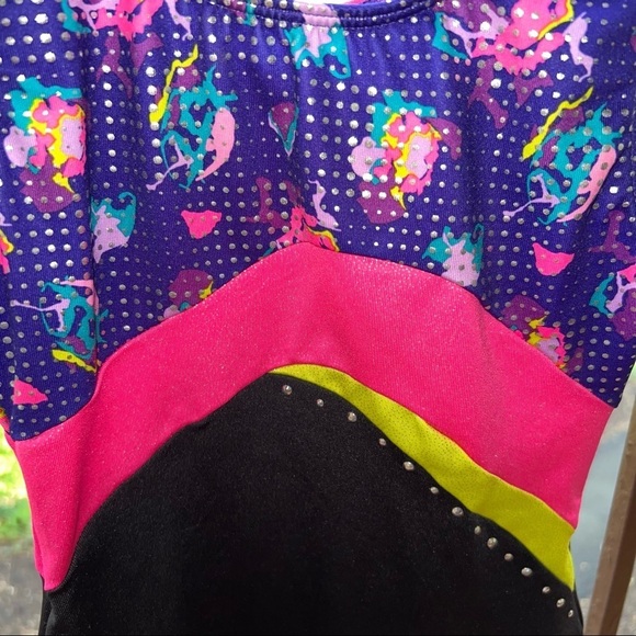 EYE catching Girlâs neon, sparkly, studded gymnasticâs unitard freestyle/Danskin - Picture 2 of 4